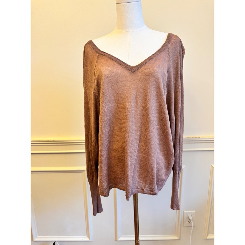 Joie Linen V-Neck Sweater M Brown Boho Lightweight Long Sleeve Knit Pullover Top